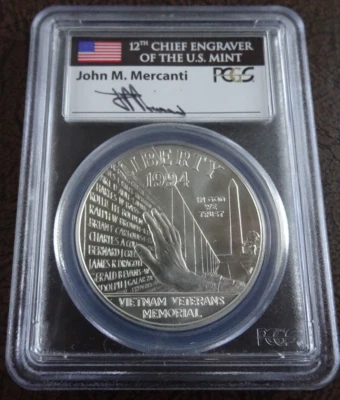 1994-W Vietnam Memorial Unc Silver Dollar PCGS MS 70 John Mercanti Signed - Image 1 of 4