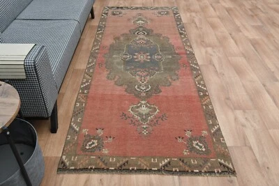 Corredor TURCO VINTAGE 3,4x9,1 pies, rosa marrón, lana, hecho a mano, Oushak Runner Foto 1 de 4