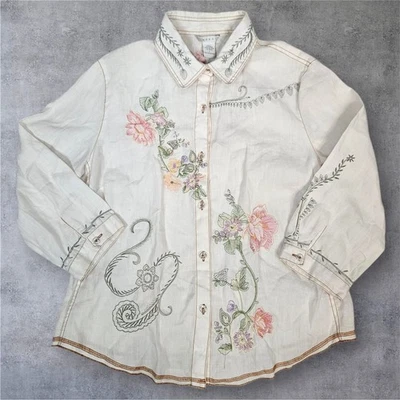 Top Tweeds Lino Abotonado Floral Bordado Manga Larga Western Talla Grande Foto 1 de 4