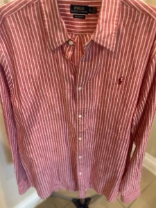 Men’s Polo Ralph Lauren 100% Linen Red Striped Long Sleeve Shirt Relaxed Fit XL - Picture 1 of 7
