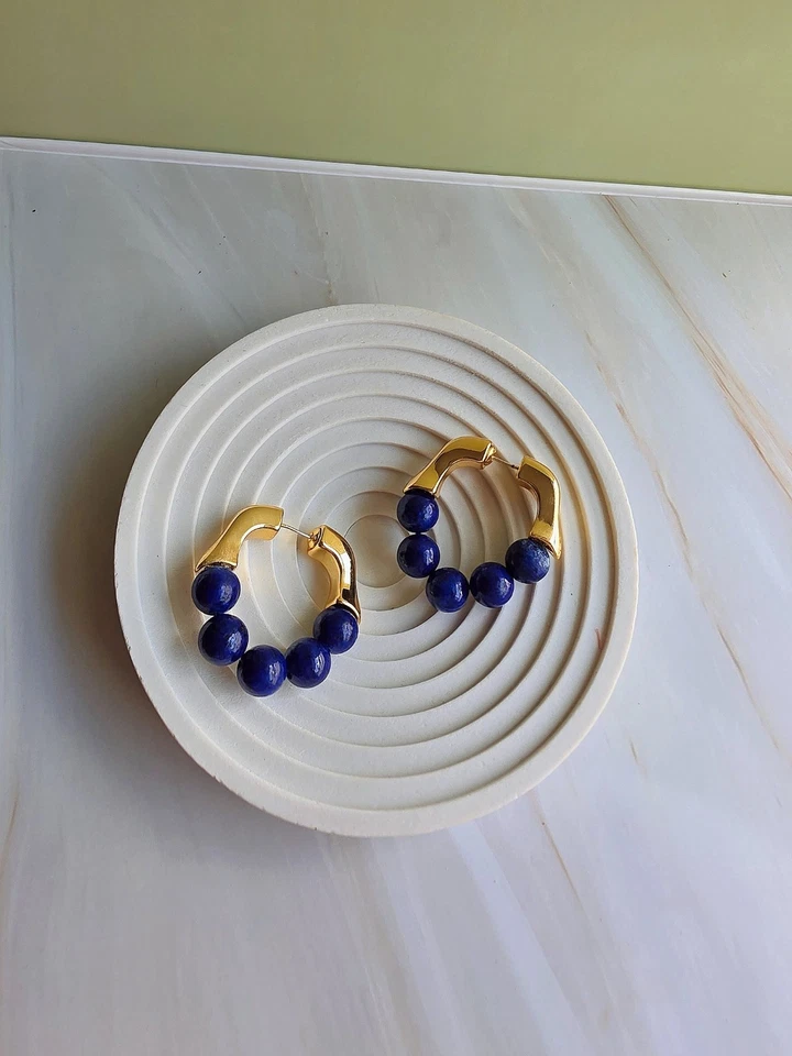 Lapis Lazuli女士耳环18k黄金复古皇家蓝色生日礼物  — 第 1/4 张图片