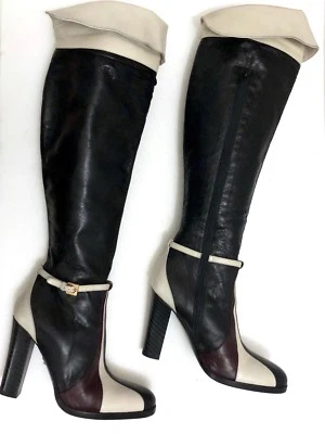 BEBE Botas Sobre la Rodilla Cuero Genuino Bloques de Color Groovy Mod Go Go $375 Talla 5 Foto 1 de 4