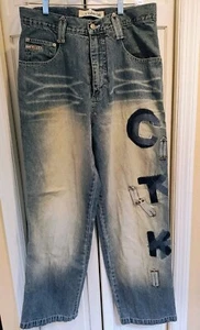 VTG Cybertek Jeans Baggy Blue 32x32 Skater Grunge Wide Embroidered Y2K Patchwork - Picture 1 of 7