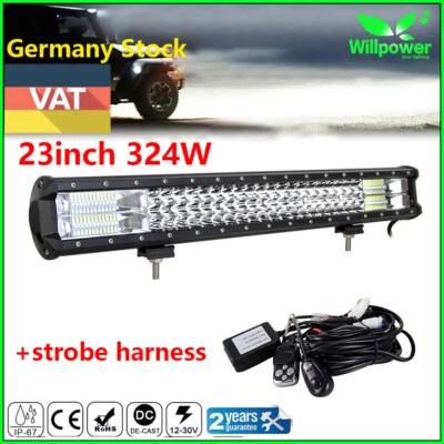 DE 7D 22inch 324W Tri Row LED Light Bar Off road Car SUV + Remote Strobe Harness - Image 1 of 4