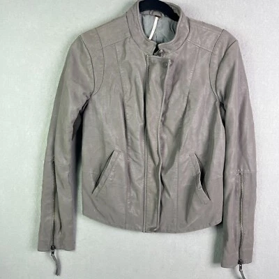 Free People Faux Vegan Leather Moto Jacket 6 Gray Wool Blend Crop Zip Sleeves - Image 1 of 4