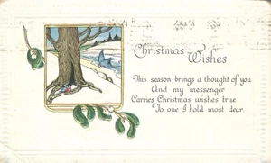 Postal de 1918 estilo artes y manualidades estilo árbol y muérdago deseos de Navidad - Imagen 1 de 2