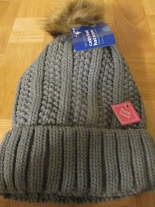 Women's Cable Beanie -Warm Lined Hat w/Pom, One Size, Grey, Br. Pom - "NEW" w/t! - Picture 1 of 4
