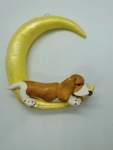 BASSET HOUND Ornament SLEEPING ON MOON Window Hanger WHT/TAN Handmade LARGE - Picture 1 of 4