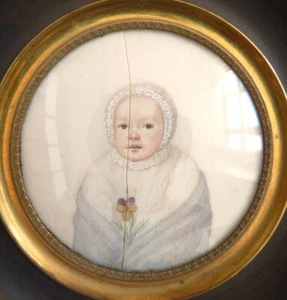 Dessin peinture miniature portrait d'enfant bébé Ancien 19e siècle baby painting - Imagen 1 de 4