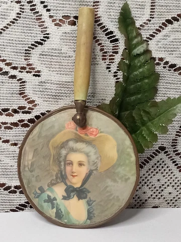 VTG Germany Victorian Romantic Scene Personal Hand Held 4” Round Vanity MIRROR Cover