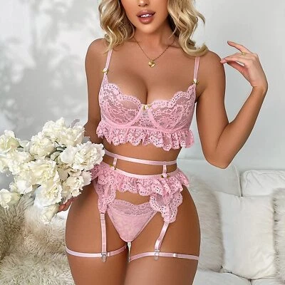 Lencería sexy para mujer Babydoll de encaje sujetador conjunto de tanga ropa para dormir ropa interior ropa para dormir Foto 1 de 4