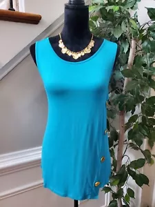 Cable & Gauge Petite Blue Gold Button Side Accent Sleeveless Top Blouse Size PM - Picture 1 of 13