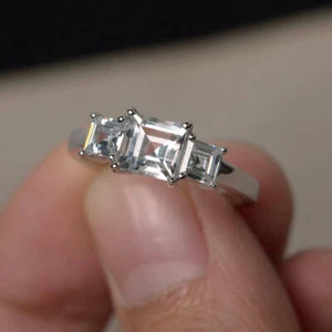 1.5ct Asscher Cut Simulated Diamond Ring 14k White Gold Plated Trilogy Promise - Picture 1 of 3