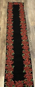 Vintage Christmas Poinsettia Tapestry Table Runner Red Black 69”x 13” - Picture 1 of 7