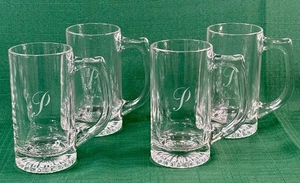 Vintage Set Of 4  Monogrammed Etched Pressed Glass Handled Beer Mugs Letter "P" - Picture 1 of 13