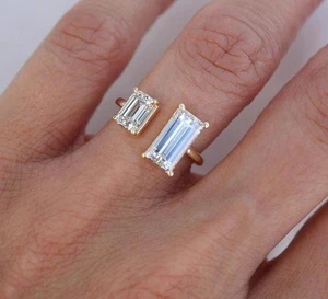 2Ct Emerald Cut Moissanite Two Stone Engagement Ring In Solid 14K Yellow Gold - Picture 1 of 6