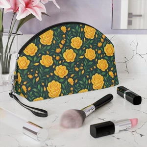 Yellow Rose Floral Makeup Bag, PU Leather Travel Cosmetic Organizer Pouch - Picture 1 of 8