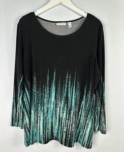 Susan Graver Liquid Knit Top Size XL Long Sleeve Black Aqua Modern Mature - Picture 1 of 10