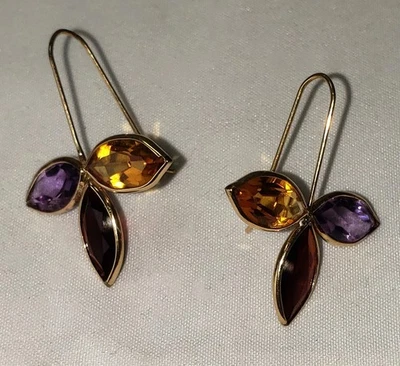 14K Gold  Earrings with Citrine Garnet & Amethyst Semi Precious Genuine Gems 90s - Image 1 of 4