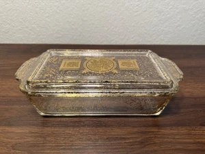 Fire King Gilded Gold Loaf Dish With Lid 409, Rare Fireking Glass 1 Quart - Picture 1 of 16