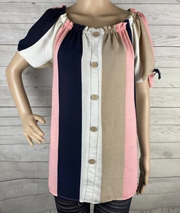 Oddí Blouse Medium Pink Black Tan White Vertical Striped Polyester Button Shirt  - Picture 1 of 12