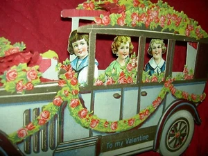 Large die cut, antique automobile, honeycomb 3-D German Valentine card - Picture 1 of 11