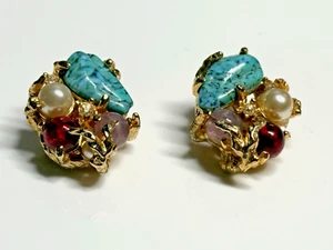 Vintage Clip on Earrings Gold Tone Metal Multiple Stones Colours High End Jewell - Picture 1 of 15