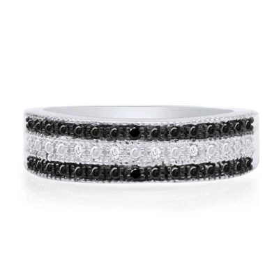Black & White Real Diamond Accent 3-Row Band Ring in 925 Sterling Silver - Image 1 of 4