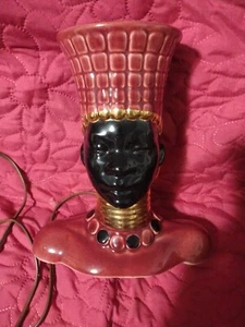RARE Vintage MCM 50'sTable Lamp Art Pottery BLACKAMOOR Bust TV Lamp Maroon/Black - Picture 1 of 9