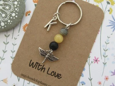 ANGELS & ELEPHANTS Dragonfly Keyring, Diffuser Keyring, Gemstone, Personalised, Thank You Gift Xmas