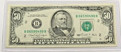 1990 $50 FRN- ERROR  - VILLALPANDO/ BRADY NY- XF-  Over Inking BK-FRNT-  F-2124B - Image 1 of 4