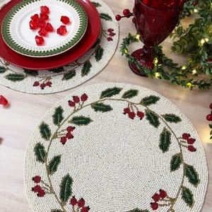 Set of 6, Christmas Special beaded placemat, 14 inch, gifts, holly berry design - Picture 1 of 5