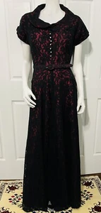 Vintage 1940's Eleanor Green California Black Lace Maroon Maxi Dress Gown XS/S - Picture 1 of 10