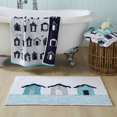 Bath Mat Beach Huts Anti-Slip 100% Cotton By Fusion 50 x 80cm Blue