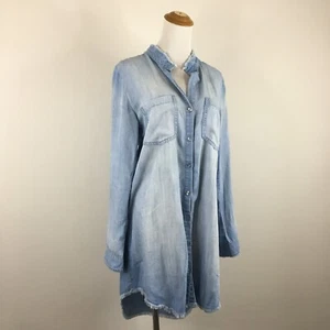 Vestido Camisa CLOTH & STONE Anthropologie Talla Pequeña Azul Flecos Dobladillo Cambray Botón - Imagen 1 de 16