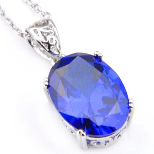 Elegant Jewelry Classic Oval Swiss Blue Topaz Gemstone Silver Necklace Pendants - Picture 1 of 10
