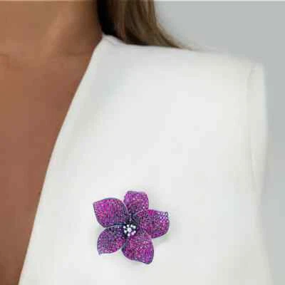 11.59CT Micro Pave Set Round Cut Rubies With Shiny White CZ Flower Fine Brooch - Image 1 of 4