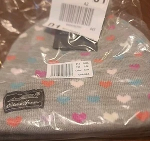 NEW! Eddie Bauer Beanie Pom Hat - Grey/Multicolor Hearts - S/M - FREE SHIP! - Picture 1 of 4