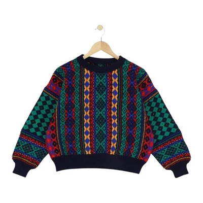 Vintage Patterned Jumper Womens Size S Multicoloured 80s Wool Crew Neck Retro - Image 1 of 4