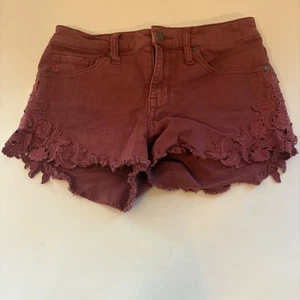 Mossimo Denim Shorts High Rise Lace Trim Raw Hem Mauve 4/27 Super Stretch - Picture 1 of 12