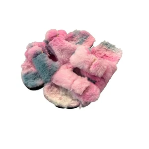 Fluffy House Slippers Slides OnTie Die Sz 7 with Buckles Pink & Blue - Picture 1 of 8
