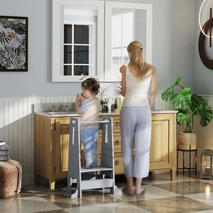 Toddler Tower w/ Safety Rail, Handlbar, for Bathroom, Kitchen, Gray - Picture 1 of 11