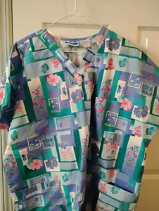 MHD Scrubs 2 Pocket Teal/Purple Floral Scrub Top Size 2X - Picture 1 of 1
