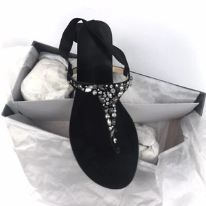 Brand New Ann Taylor Gayla Jeweled Flat Sandal T-Strap Black SZ10 Style#433861 - Picture 1 of 7