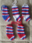 5 x hand knitted striped christmas stockings tree decorations - red/white/blue
