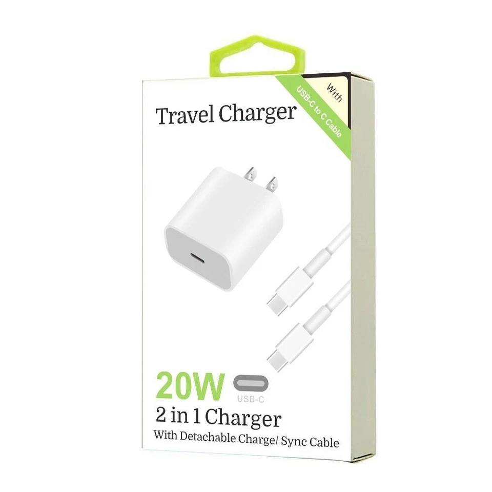 20W C to C 2 in 1 Fast Charger with Detachable Charger Sync Cable (White) - Image 1 of 1