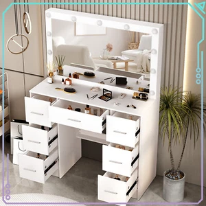 7 Drawers Modern 11 LED Lighted Mirror Makeup Vanity Table Dresser Desk White - Picture 1 of 8