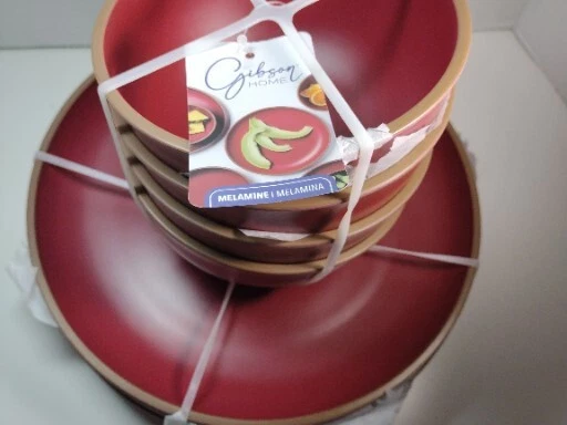 Kitchen New Gibson Home 8 Piece Melamine Four Plates For Round Bowls 1 Bowlcrack - Image 1 of 4