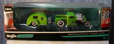 1936 CHEVROLET PICKUP / TRAVELER TRAILER ✰ green ✰Maisto Design TOW & GO ✰ 1:64 - Image 1 of 3