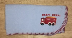 Baby Connection Blue Baby Blanket Beep Beep FireTruck Fleece Red Stitched Edge - Picture 1 of 6